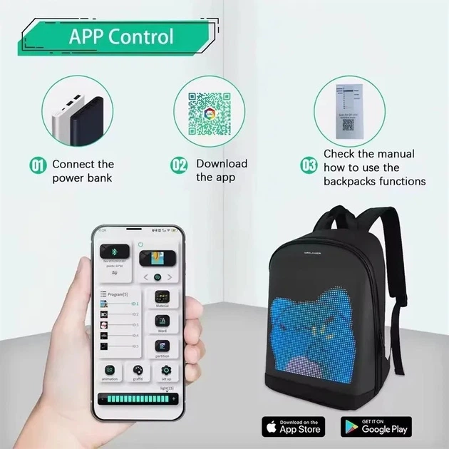 Рюкзак с LED-экраном 13", анимации со смартфона, розовый - Фото 5 Рюкзак с LED-экраном 13", анимации со смартфона, розовый - изображение 5