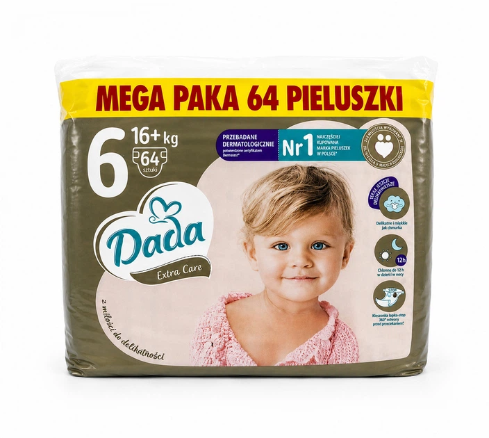 Підгузки памперси Dada Extra Care Mega Paka Розмір 6 (16+ кг) 64 шт - Фото 1 Підгузки памперси Dada Extra Care Mega Paka Розмір 6 (16+ кг) 64 шт - изображение 1