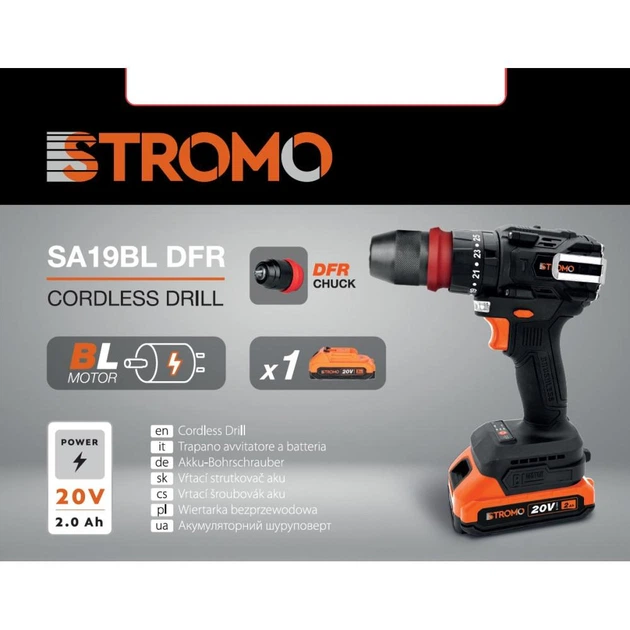 Шуруповерт аккумуляторный Stromo SA19BL DFR (бесщеточный, быстросъемный патрон, 1 аккумулятор, зарядное устройство, подсветка) - Фото 2 Шуруповерт аккумуляторный Stromo SA19BL DFR (бесщеточный, быстросъемный патрон, 1 аккумулятор, зарядное устройство, подсветка) - изображение 2