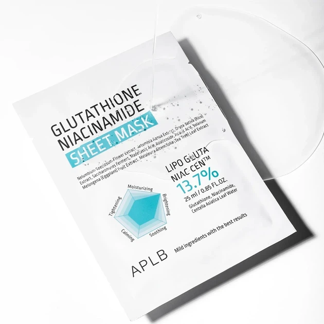Тканинна маска для сяйва та вирівнювання тону шкіри APLB Glutathione Niacinamide (25 ml) - Фото 3 Тканинна маска для сяйва та вирівнювання тону шкіри APLB Glutathione Niacinamide (25 ml) - зображення 3