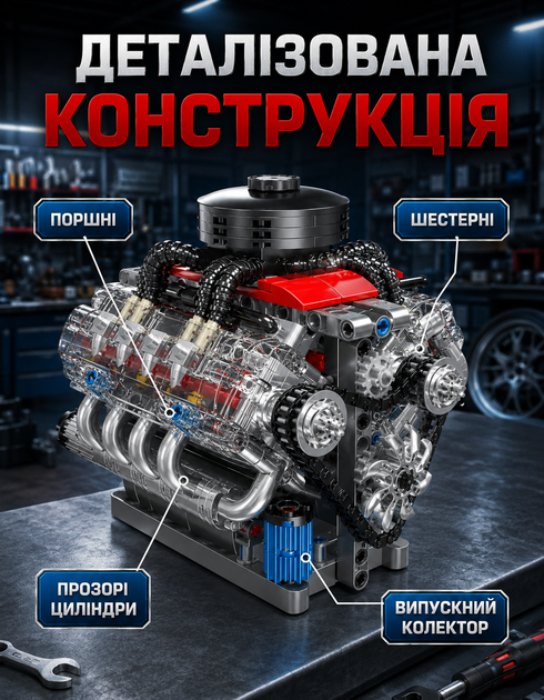 Конструктор двигун ADX-V8 дитячий для хлопчиків для дітей ігрові конструктори машинки іграшки для розвитку логіки моторики розвиваючий навчальний набір на подарунок - зображення 6