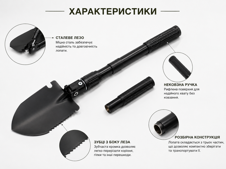 Складная туристическая лопата 40 см с чехлом | Многофункциональная саперная лопатка для туризма, авто, рыбалки и кемпинга - изображение 4