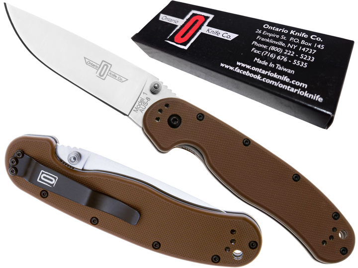Ніж складаний Ontario Knife RAT I Linerlock, лезо Plain Satin AUS-8, руківя Coyote Brown GFN, Тайвань, ON8848CB - зображення 2