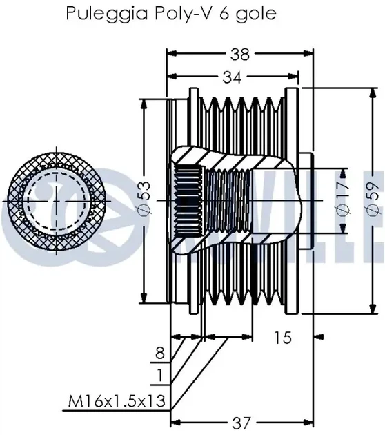 Шків генератора BMW 3 (E90/F30/F80)/ 5 (F10) 05-16, N47 D20A/D20C, 6PK 542380 RUVILLE RUVILLE 542380 Opel Astra, Zafira, Insignia, Meriva, CORSA; Chevrolet Aveo, Malibu; BMW F21, F20, E87, E88, E82, E81 10320213, 1202119, 1202187 - изображение 2