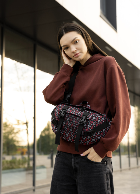 Велика жіноча текстильна сумка-бананка Sambag DynamicDart водонепроникна на 9 відділень з етно принтом Вишиванка - зображення 10