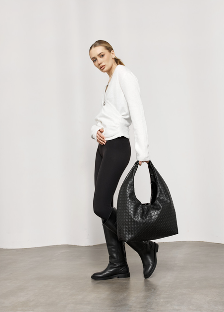 Большая повседневная женская плетеная сумка-шопер Sambag HOBO WEAVE L Черная - изображение 3