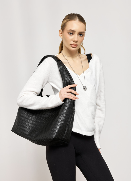 Большая повседневная женская плетеная сумка-шопер Sambag HOBO WEAVE L Черная - изображение 8
