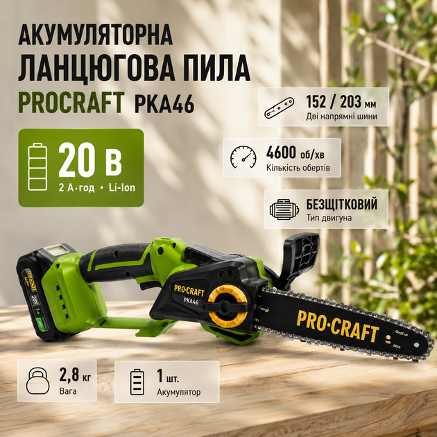 Акумуляторна ланцюгова пила Procraft PKA46 електропила безщіткова бездротова садова міні компактна для обрізання дерев гілок формування крон розпилювання бруса дощок заготівлі дров 20 В 2 А·год шини 152 203 мм 4600 об хв батарея кейс - Фото 1 Акумуляторна ланцюгова пила Procraft PKA46 електропила безщіткова бездротова садова міні компактна для обрізання дерев гілок формування крон розпилювання бруса дощок заготівлі дров 20 В 2 А·год шини 152 203 мм 4600 об хв батарея кейс - зображення 1