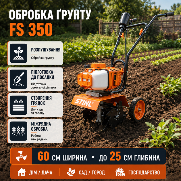Культиватор бензиновий для землі 60 см мотокультиватор двотактний 1,4 кВт розпушувач ґрунту 37,7 см³ глибиною 25 см садовий агрегат з електростартером баком 0,8 л черв'ячним редуктором для городу грядок міжряддя дачі фермерського господарства - зображення 4