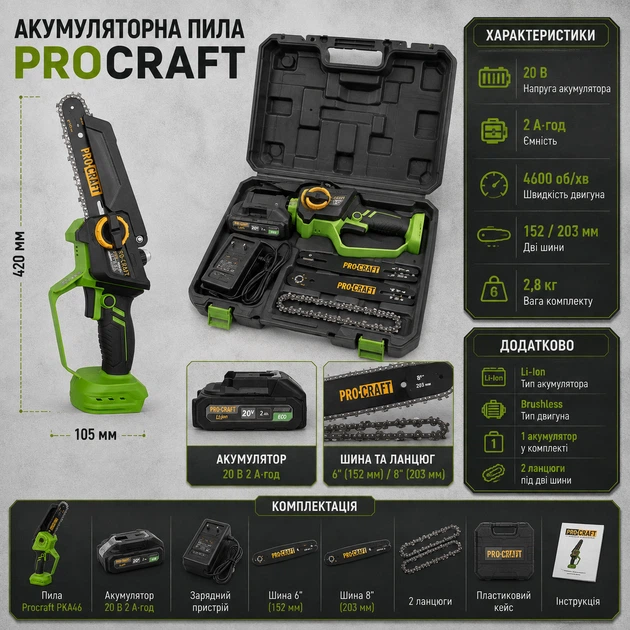 Акумуляторна ланцюгова пила Procraft PKA46 електропила безщіткова бездротова садова міні компактна для обрізання дерев гілок формування крон розпилювання бруса дощок заготівлі дров 20 В 2 А·год шини 152 203 мм 4600 об хв батарея кейс - Фото 3 Акумуляторна ланцюгова пила Procraft PKA46 електропила безщіткова бездротова садова міні компактна для обрізання дерев гілок формування крон розпилювання бруса дощок заготівлі дров 20 В 2 А·год шини 152 203 мм 4600 об хв батарея кейс - зображення 3