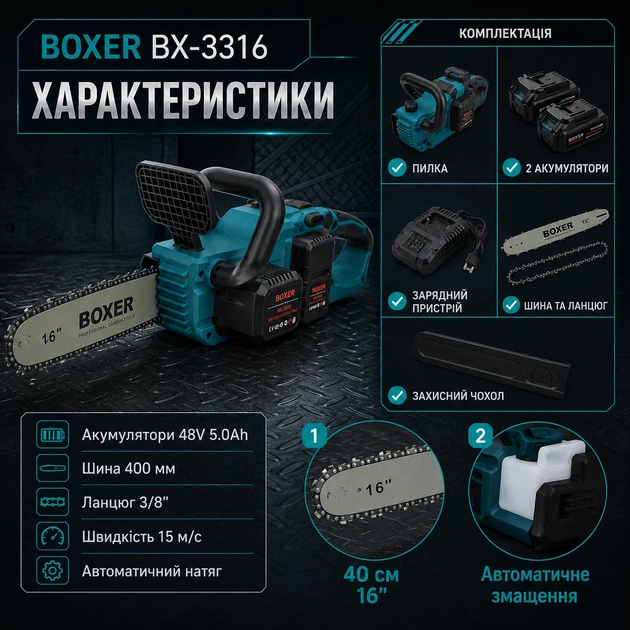 Аккумуляторная цепная пила BOXER BX-3316 электропила бесщеточная беспроводная садовая для распиливания древесины бревен заготовки дров обрезки деревьев веток строительных хозяйственных работ 48 В 5 А·ч шина 40 см скорость 15 м с автосмазка автонатяжение 2 - Фото 2 Аккумуляторная цепная пила BOXER BX-3316 электропила бесщеточная беспроводная садовая для распиливания древесины бревен заготовки дров обрезки деревьев веток строительных хозяйственных работ 48 В 5 А·ч шина 40 см скорость 15 м с автосмазка автонатяжение 2 - изображение 2