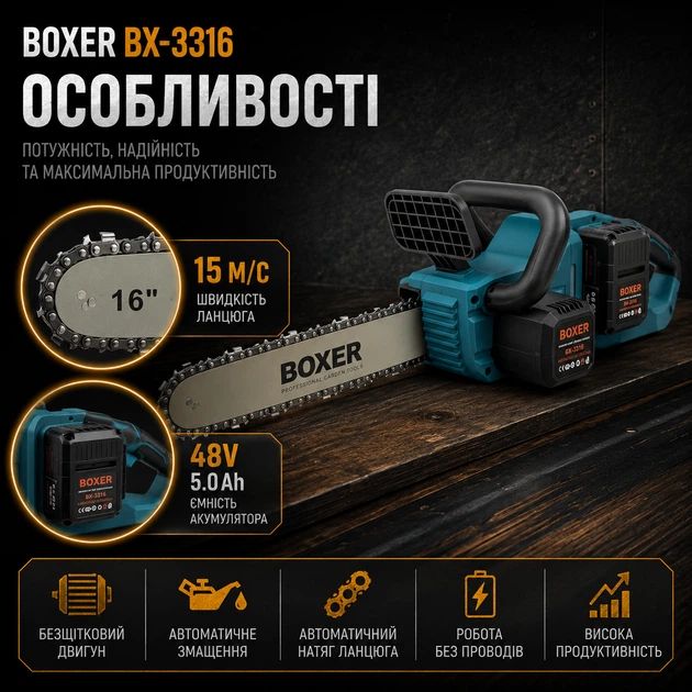 Аккумуляторная цепная пила BOXER BX-3316 электропила бесщеточная беспроводная садовая для распиливания древесины бревен заготовки дров обрезки деревьев веток строительных хозяйственных работ 48 В 5 А·ч шина 40 см скорость 15 м с автосмазка автонатяжение 2 - Фото 3 Аккумуляторная цепная пила BOXER BX-3316 электропила бесщеточная беспроводная садовая для распиливания древесины бревен заготовки дров обрезки деревьев веток строительных хозяйственных работ 48 В 5 А·ч шина 40 см скорость 15 м с автосмазка автонатяжение 2 - изображение 3