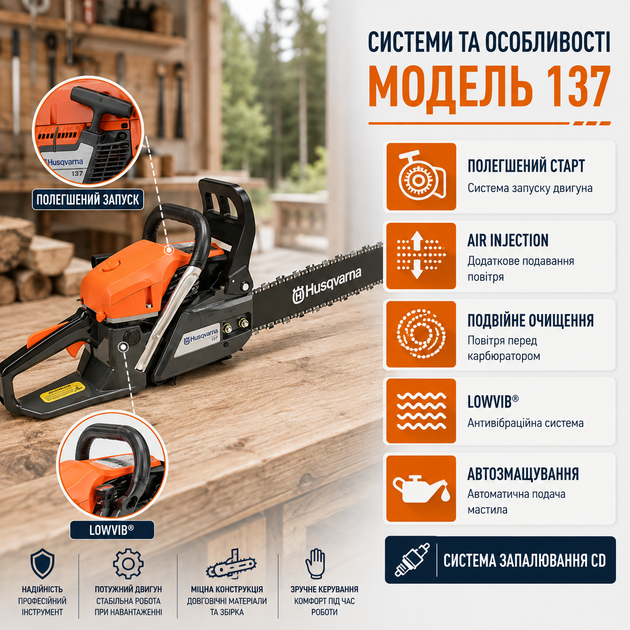 Бензопила ланцюгова 137/142 напівпрофесійна 4,9 кВт пила бензинова 6,6 к.с. з шиною 45 см двигуном 36,3 см³ швидкістю 16,3 м/с кроком 0,325 дюйма автозмащуванням легким стартом антивібраційна для дерев колод дощок гілок дров будівництва саду - зображення 4