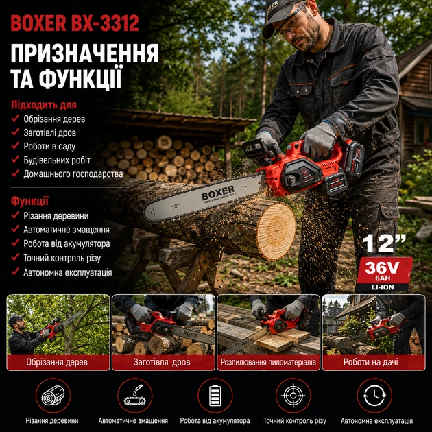 Аккумуляторная цепная пила BOXER BX-3312 электропила бесщеточная беспроводная садовая для обрезки деревьев веток распиливания бревен пиломатериалов заготовки дров строительных хозяйственных работ 1850 Вт 24 В 6 А·ч шина 30 см скорость 5 м с автосмазка - изображение 3