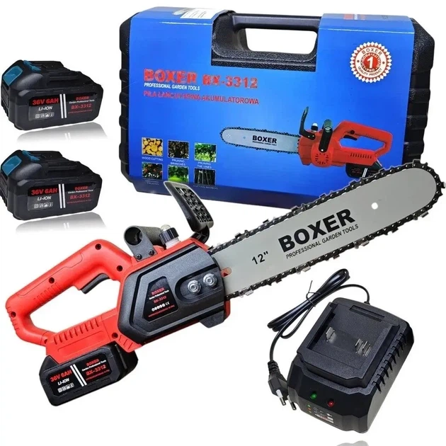 Аккумуляторная цепная пила BOXER BX-3312 электропила бесщеточная беспроводная садовая для обрезки деревьев веток распиливания бревен пиломатериалов заготовки дров строительных хозяйственных работ 1850 Вт 24 В 6 А·ч шина 30 см скорость 5 м с автосмазка - изображение 11