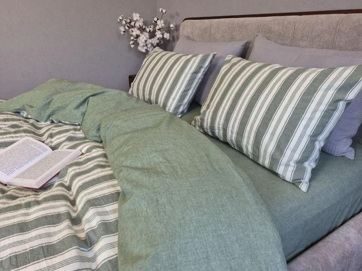 Постільна білизна з резинкою Paolo green+Forest green, варена бавовна Двухспальний розмір, наволочки 70/70 - зображення 5