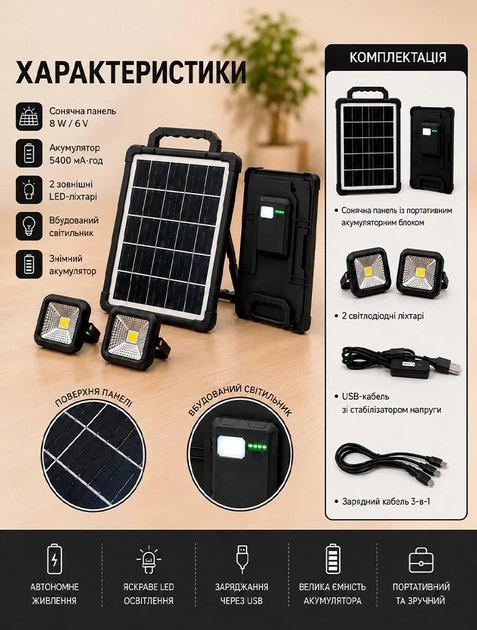 Портативная зарядная солнечная станция CCLamp CL-318PB-8W, 5400 mAh с LED-лампами фонарь с солнечной панелью - Фото 2 Портативная зарядная солнечная станция CCLamp CL-318PB-8W, 5400 mAh с LED-лампами фонарь с солнечной панелью - изображение 2