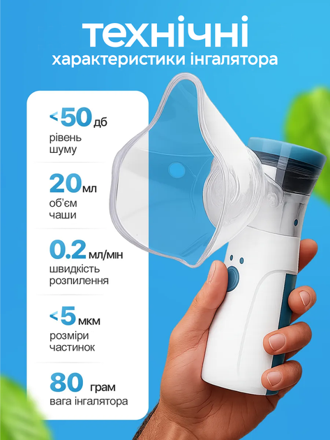 Портативный бесшумный небулайзер MESH Nebulizer "JSL-W302" с меш технологией, ультразвуковой мембранный ингалятор с функцией парового распылителя для дыхания и ингаляций при бронхите для взрослых и детей (Бело-синий / 5V / Аккумуляторный) - изображение 9