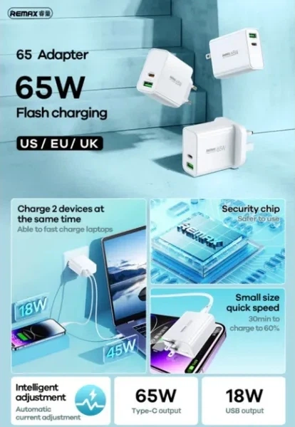 Мережевий зарядний пристрій Remax Kiddy Series 65W A + C Fast Charger RP-U125 (EU) White - Фото 4 Мережевий зарядний пристрій Remax Kiddy Series 65W A + C Fast Charger RP-U125 (EU) White - зображення 4