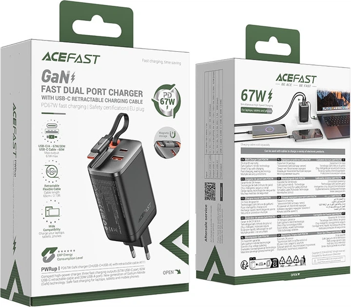 Сетевое зарядное устройство Acefast A111 PD67W GaN Charger (2*USB-C + USB-A) with retractable cable Black - изображение 5