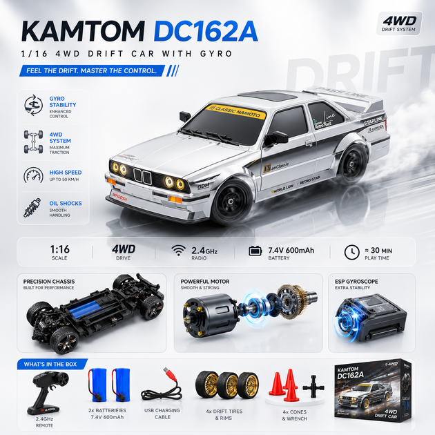 Радиоуправляемая машинка KAMTOM DC162A 1:16 4WD до 50 км/ч, RC дрифт-кар на пульте для дрифта и гонок, дрифт-колеса, 2 аккумулятора - изображение 5