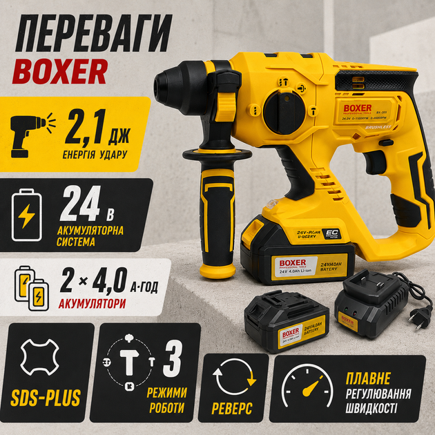Аккумуляторный перфоратор BOXER SR-082 24 В Перфоратор SDS-Plus 2,1 Дж с 2 АКБ 4 А·ч - изображение 4