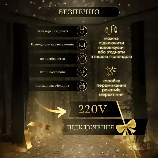 Гірлянда штора Роса Хвойна лапа 3×2 м 400 LED Тепле біле світло Світлодіодна новорічна штора для вікна, стіни, фотозони IP44 - зображення 5