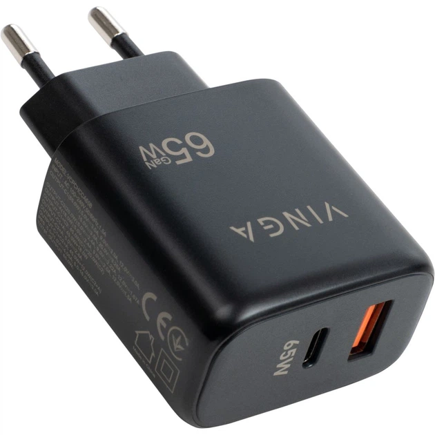 Зарядное устройство Vinga GaN 65W PD+QC 1C1A ports Wall Charger (VCPCHCA65B) - Фото 3 Зарядное устройство Vinga GaN 65W PD+QC 1C1A ports Wall Charger (VCPCHCA65B) - изображение 3