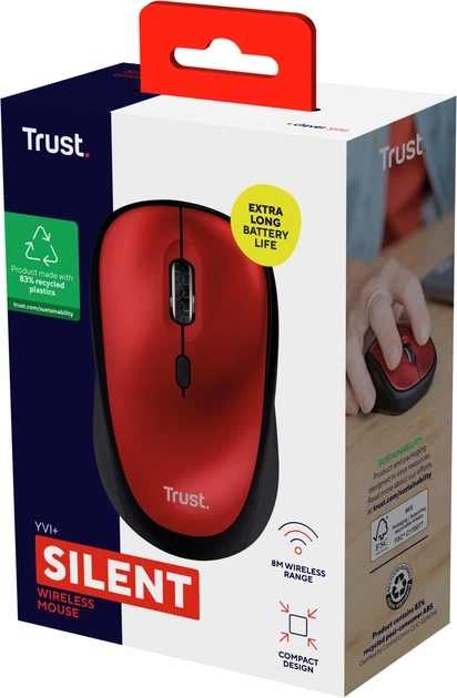 Компьютерная мышь Trust Yvi+ Silent Eco беспроводная Красная (24550) - Фото 5 Компьютерная мышь Trust Yvi+ Silent Eco беспроводная Красная (24550) - изображение 5