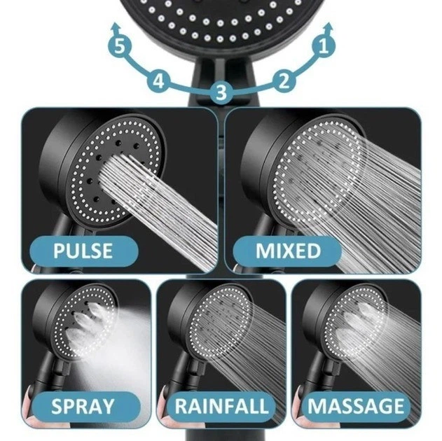 Душевая лейка Water Saving Shower с 5 режимами, кнопкой Stop и силиконовыми форсунками, черная - изображение 2