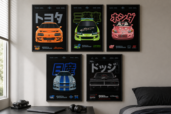 Комплект постерів А3 Форсаж — Toyota Supra, Mitsubishi Eclipse, Honda S2000, Nissan Skyline, Dodge Charger - Фото 1 Комплект постерів А3 Форсаж — Toyota Supra, Mitsubishi Eclipse, Honda S2000, Nissan Skyline, Dodge Charger - изображение 1
