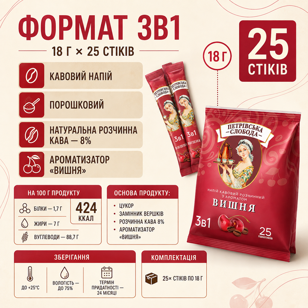 Кавовий напій 3в1 Петрівська Слобода Вишня 18 г 25 шт розчинний порошковий з натуральною кавою 8% ароматизований ягідний порційний у стіках швидкого приготування - Фото 2 Кавовий напій 3в1 Петрівська Слобода Вишня 18 г 25 шт розчинний порошковий з натуральною кавою 8% ароматизований ягідний порційний у стіках швидкого приготування - зображення 2