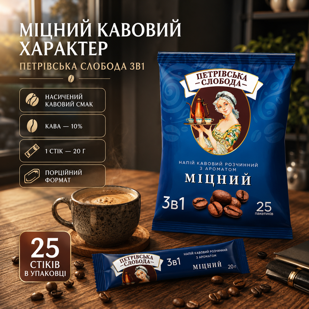 Розчинний кавовий напій Петрівська Слобода 3в1 Міцний 25 стіків по 20 г порошкова кава натуральна 10% з цукром замінником вершків гіркотою насиченим смаком тонізуючий порційний - Фото 3 Розчинний кавовий напій Петрівська Слобода 3в1 Міцний 25 стіків по 20 г порошкова кава натуральна 10% з цукром замінником вершків гіркотою насиченим смаком тонізуючий порційний - зображення 3