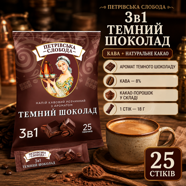 Розчинний кавовий напій Петрівська Слобода 3в1 Темний шоколад 25 стіків по 18 г порошкова кава натуральна 8% з какао цукром замінником вершків шоколадним ароматом порційна - Фото 1 Розчинний кавовий напій Петрівська Слобода 3в1 Темний шоколад 25 стіків по 18 г порошкова кава натуральна 8% з какао цукром замінником вершків шоколадним ароматом порційна - зображення 1