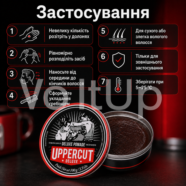 Помада Uppercut Deluxe Pomade STD 100 г для барберской укладки slick back и side part - изображение 4