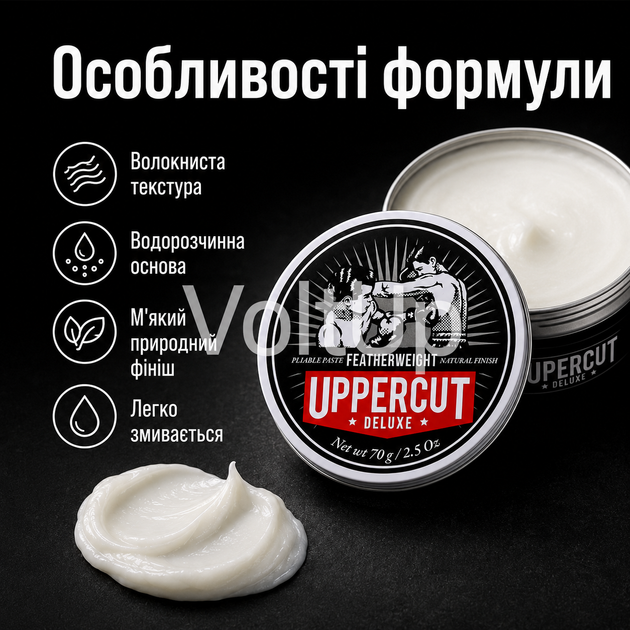 Паста Uppercut Deluxe Featherweight 70 г для барберской укладки с сильной фиксацией - Фото 2 Паста Uppercut Deluxe Featherweight 70 г для барберской укладки с сильной фиксацией - изображение 2