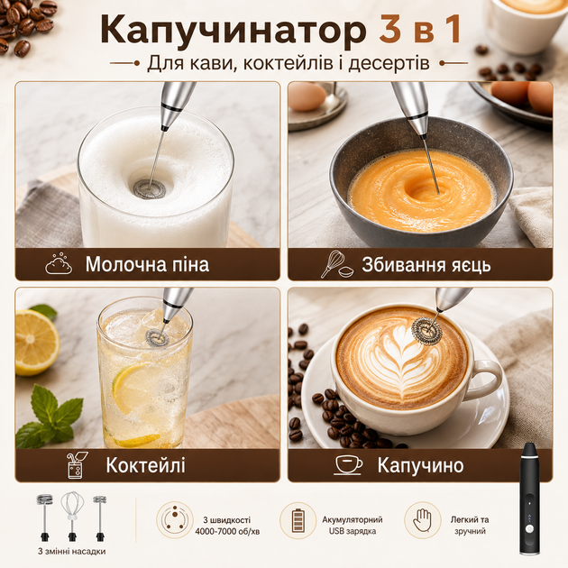 Портативний капучинатор Milk Frother 3 в 1 з 3 швидкостями та змінними насадками, акумуляторний спінювач молока 1200 мА·год USB, - зображення 2