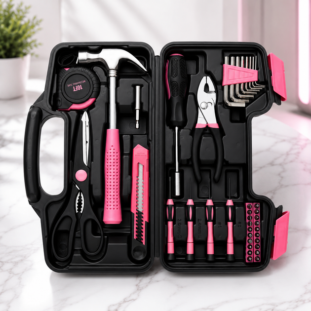 Набір інструментів Apollo Precision Tools 39 предметів у рожевому кейсі Універсальний комплект для ремонту Домашній ручний інвентар майстра - зображення 2