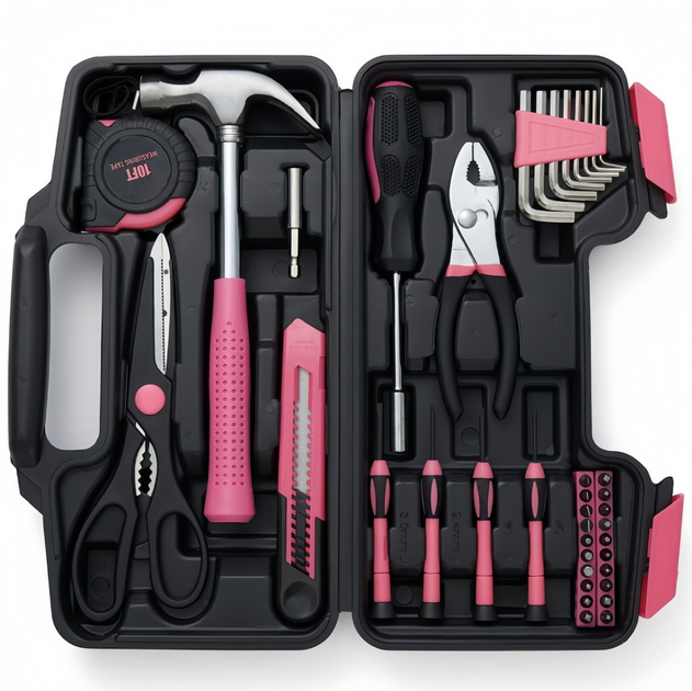 Набір інструментів Apollo Precision Tools 39 предметів у рожевому кейсі Універсальний комплект для ремонту Домашній ручний інвентар майстра - зображення 4