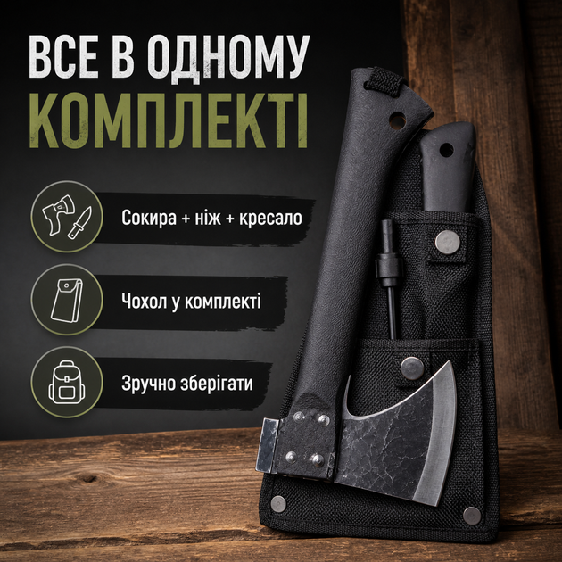 Сокира туристична 3 в 1 зі сталі 440C з ножем, кресалом та молотком для кемпінгу, походів і туризму 30 см - зображення 5