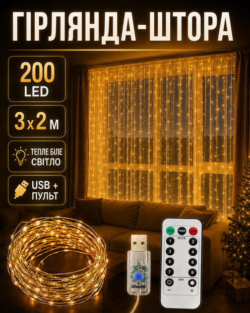 Светодиодная гирлянда занавес штора 200 LED лампочек 3 x 2 м теплый белый свет медная проволока USB с пультом управления декоративная новогодняя оконная для дома комнаты гостиной спальни кафе праздника фотозоны декора интерьера на окно - Фото 1 Светодиодная гирлянда занавес штора 200 LED лампочек 3 x 2 м теплый белый свет медная проволока USB с пультом управления декоративная новогодняя оконная для дома комнаты гостиной спальни кафе праздника фотозоны декора интерьера на окно - изображение 1