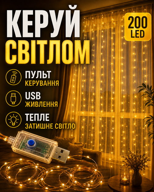 Светодиодная гирлянда занавес штора 200 LED лампочек 3 x 2 м теплый белый свет медная проволока USB с пультом управления декоративная новогодняя оконная для дома комнаты гостиной спальни кафе праздника фотозоны декора интерьера на окно - Фото 2 Светодиодная гирлянда занавес штора 200 LED лампочек 3 x 2 м теплый белый свет медная проволока USB с пультом управления декоративная новогодняя оконная для дома комнаты гостиной спальни кафе праздника фотозоны декора интерьера на окно - изображение 2