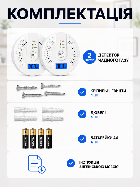 Датчик угарного газа CO детектор 2 штуки комплект сигнализатор контроля утечек автономный беспроводной настенный электрохимический с LCD цифровым дисплеем высокочувствительный со звуковой и световой сигнализацией для дома квартиры гаража на батарейках - изображение 7