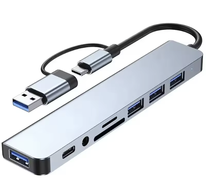 USB-хаб 8 в 1 – USB 3.0/2.0, Type-C, SD/TF картридер, аудіо 3.5 мм, універсальний - Фото 4 USB-хаб 8 в 1 – USB 3.0/2.0, Type-C, SD/TF картридер, аудіо 3.5 мм, універсальний - зображення 4
