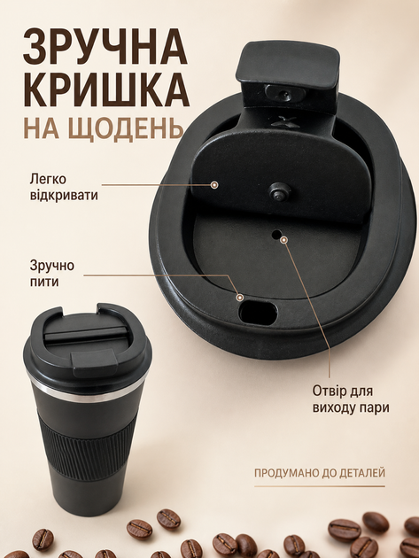 Термокружка 500 мл термочашка для кофе и чая многоразовая кружка термос для горячих и холодных напитков в авто работы путешествий черная - изображение 4