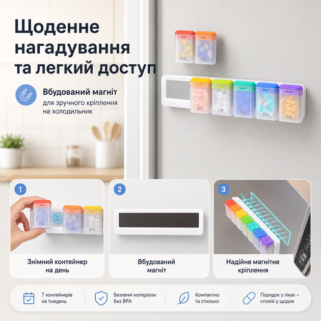Органайзер для таблеток RIAS HG-07 магнитный недельный 7 контейнеров Multicolor (3_08523) - изображение 3
