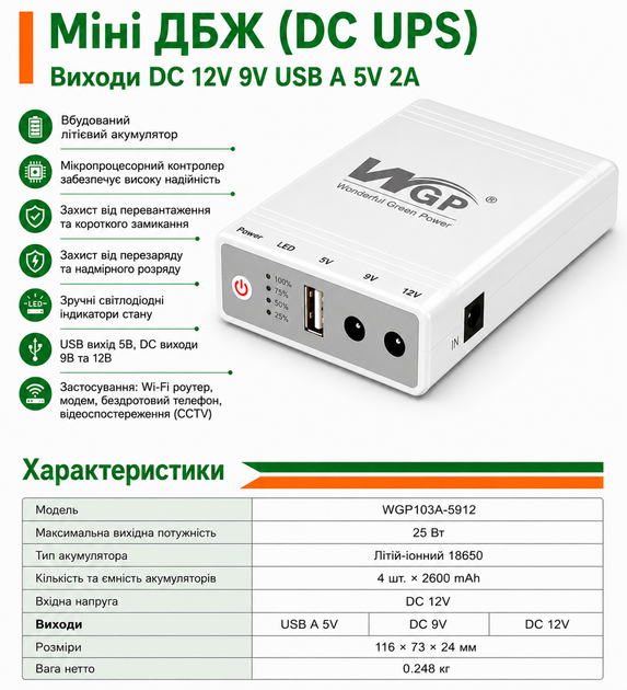 Безперебійник для роутера WGP 103 10400mAh ДБЖ mini ups 5v/9v/12v міні упс для роутера - Фото 5 Безперебійник для роутера WGP 103 10400mAh ДБЖ mini ups 5v/9v/12v міні упс для роутера - изображение 5