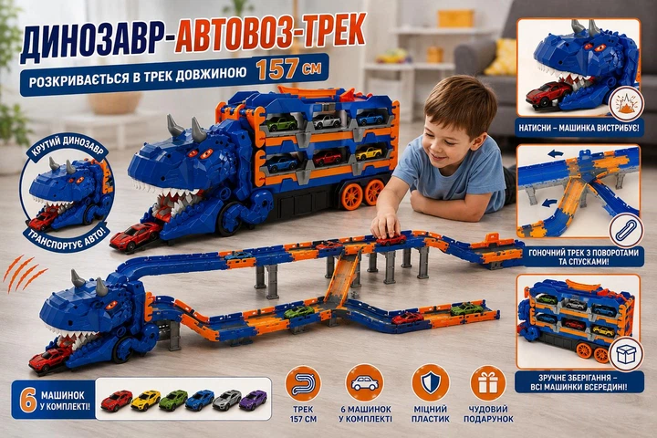 Великий динозавр автовоз з машинками - дитячий трансформер, ігровий набір з треком Синій - Фото 3 Великий динозавр автовоз з машинками - дитячий трансформер, ігровий набір з треком Синій - зображення 3