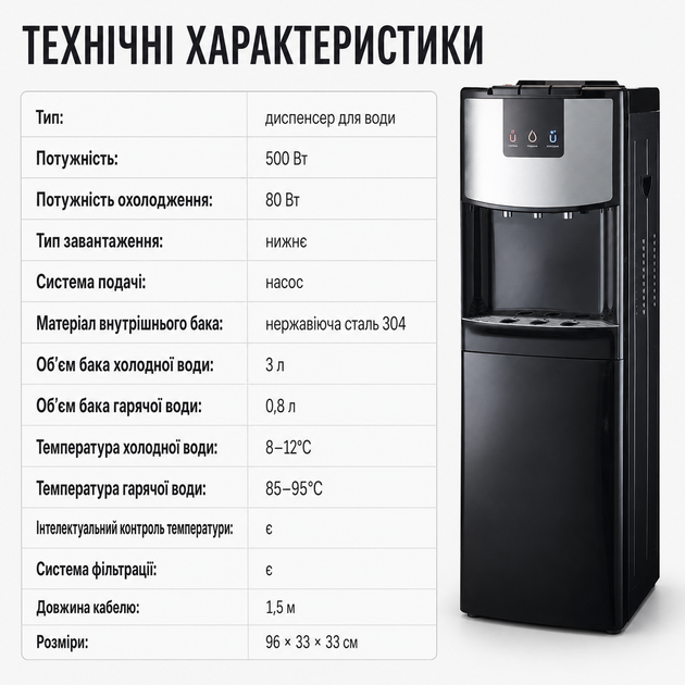 Кулер для води з нижнім завантаженням бака, гаряча та холодна вода 85–95°C / 8–12°C - зображення 5