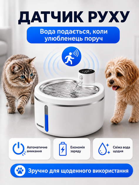 Автопоилка для кошек и собак беспроводная с датчиком движения поилка автономная питьевой фонтан поилка с фильтром для воды Wireless Smart Water Dispenser аккумуляторный питьевой фонтан с фильтром 2.5 л (WATER_DISP_WHITE3) - Фото 3 Автопоилка для кошек и собак беспроводная с датчиком движения поилка автономная питьевой фонтан поилка с фильтром для воды Wireless Smart Water Dispenser аккумуляторный питьевой фонтан с фильтром 2.5 л (WATER_DISP_WHITE3) - изображение 3